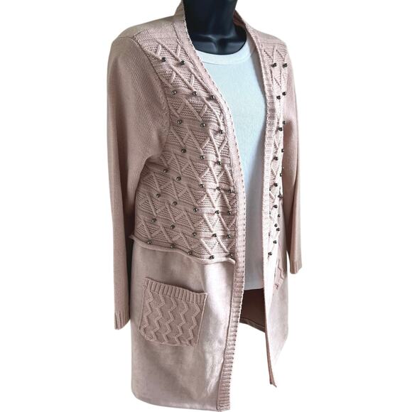 Luxe Boho Blush Cardigan Simply Couture Wool Blend Studded Knit Suede Pockets M - Picture 2 of 7